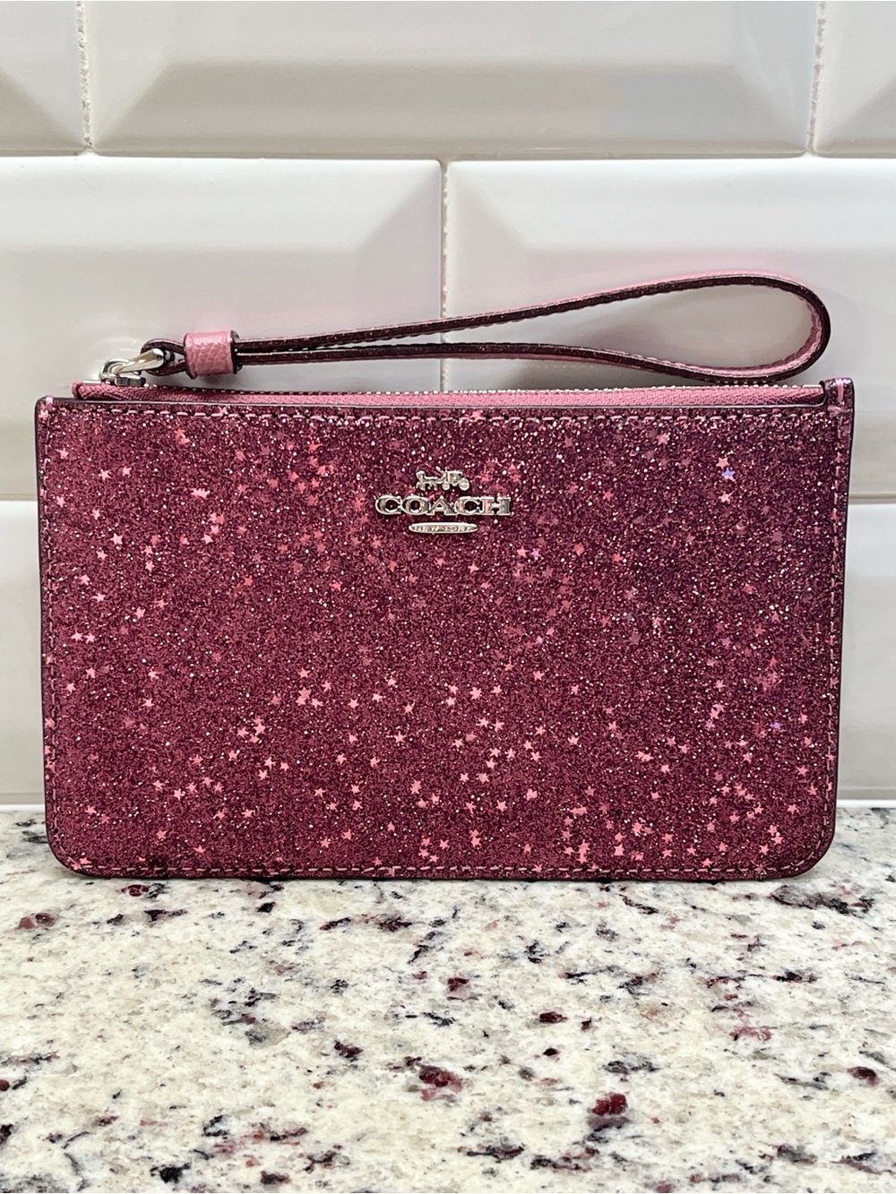 Coach Medium Plum Glitter Star Wristlet NWT